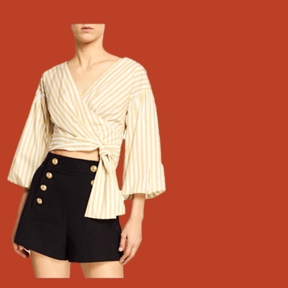 𝅺Host PICK🎉DEREK Lam V Neck Cropped 3/4 Sleeve Top Cotton Modern Neutral - Picture 3 of 11